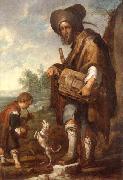 unknow artist A Blind man playing a hurdy-gurdy,together with a young boy playing the drums,with a dancing dog oil painting on canvas